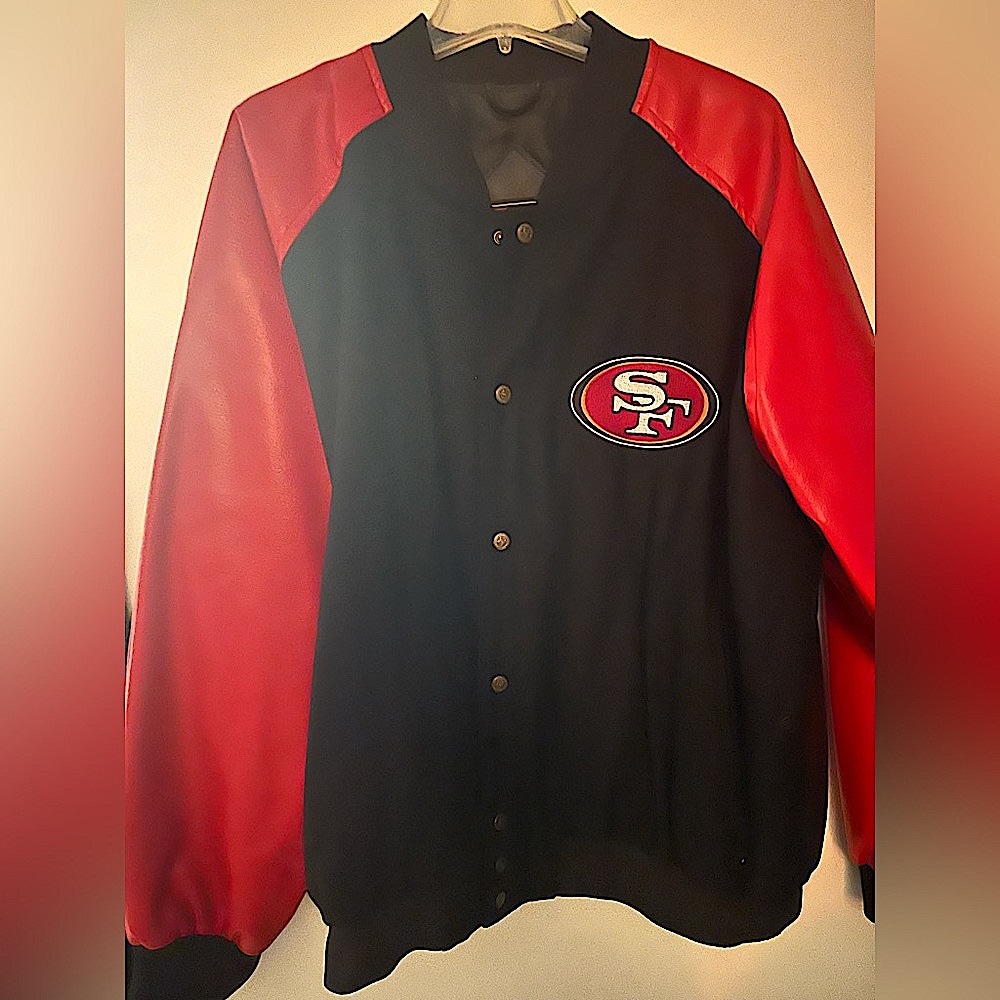 2024 NFC Champions Varsity SF 49ers Black & Red Faux Leather Game Day Jacket.